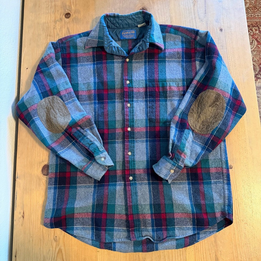Vintage Pendleton Wool Plaid Flannel Shirt Mens Large Elbow Patches Blue Red